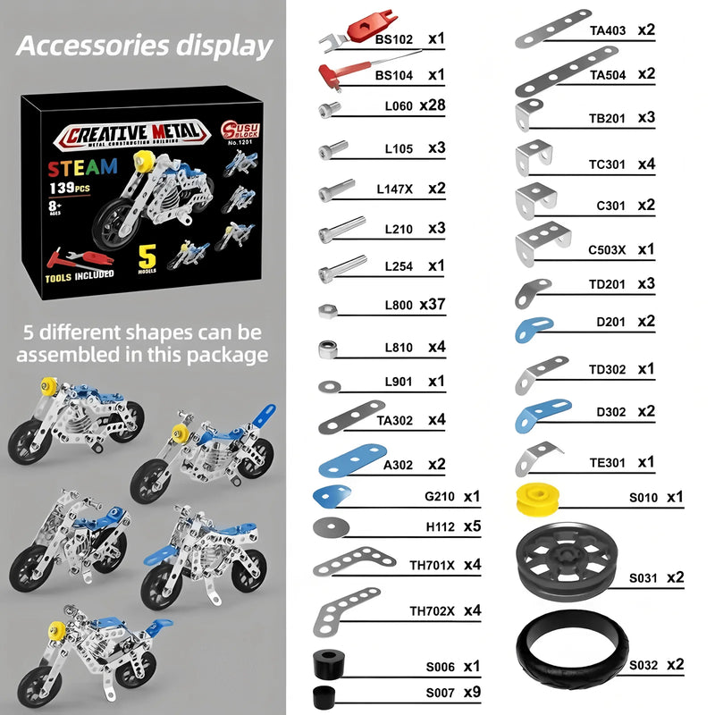 5-in-1 Metal Motorcycle Erector Set for Kids