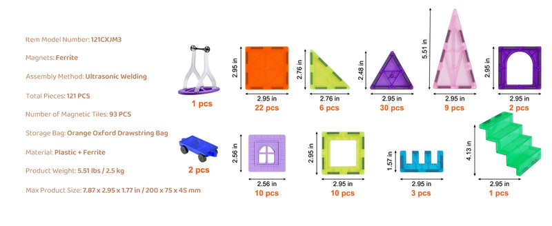 Kids Magnetic Tiles Mega Pack - 121 Pieces