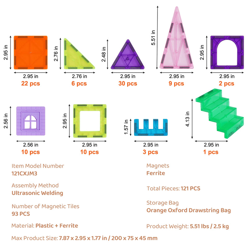 Kids Magnetic Tiles Mega Pack - 121 Pieces